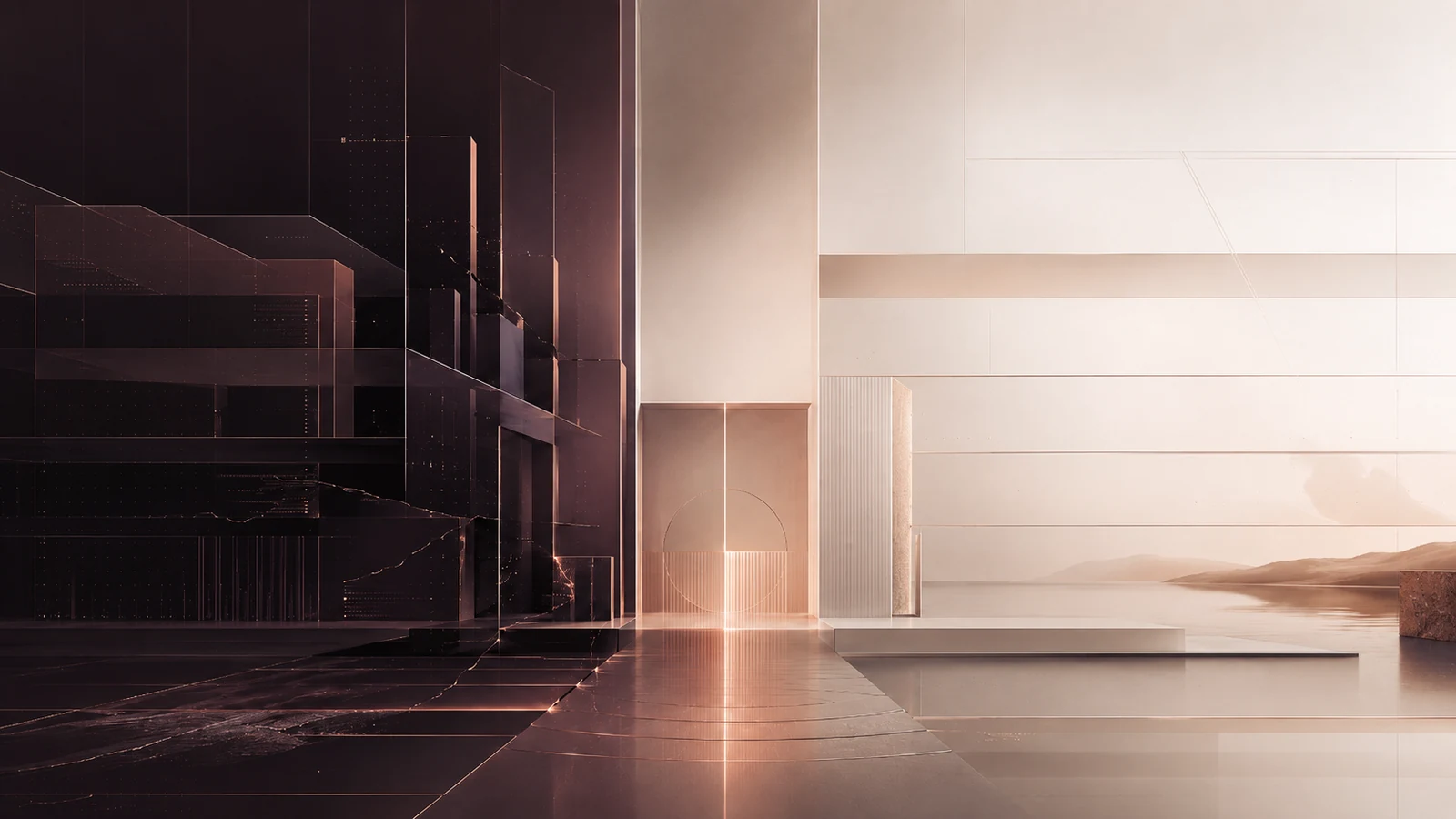 An architectural transition from fragmented rented infrastructure into a calm, open environment representing an owned creator-business relationship.